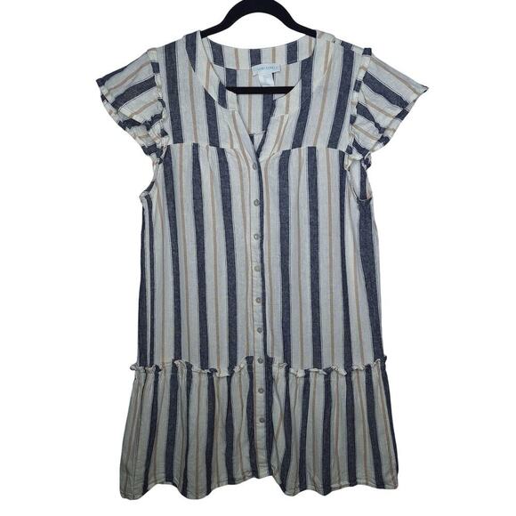Cynthia Rowley Linen Blend Shirt Dress Large Striped Drop Waist Lagenlook Beachy - Picture 1 of 7
